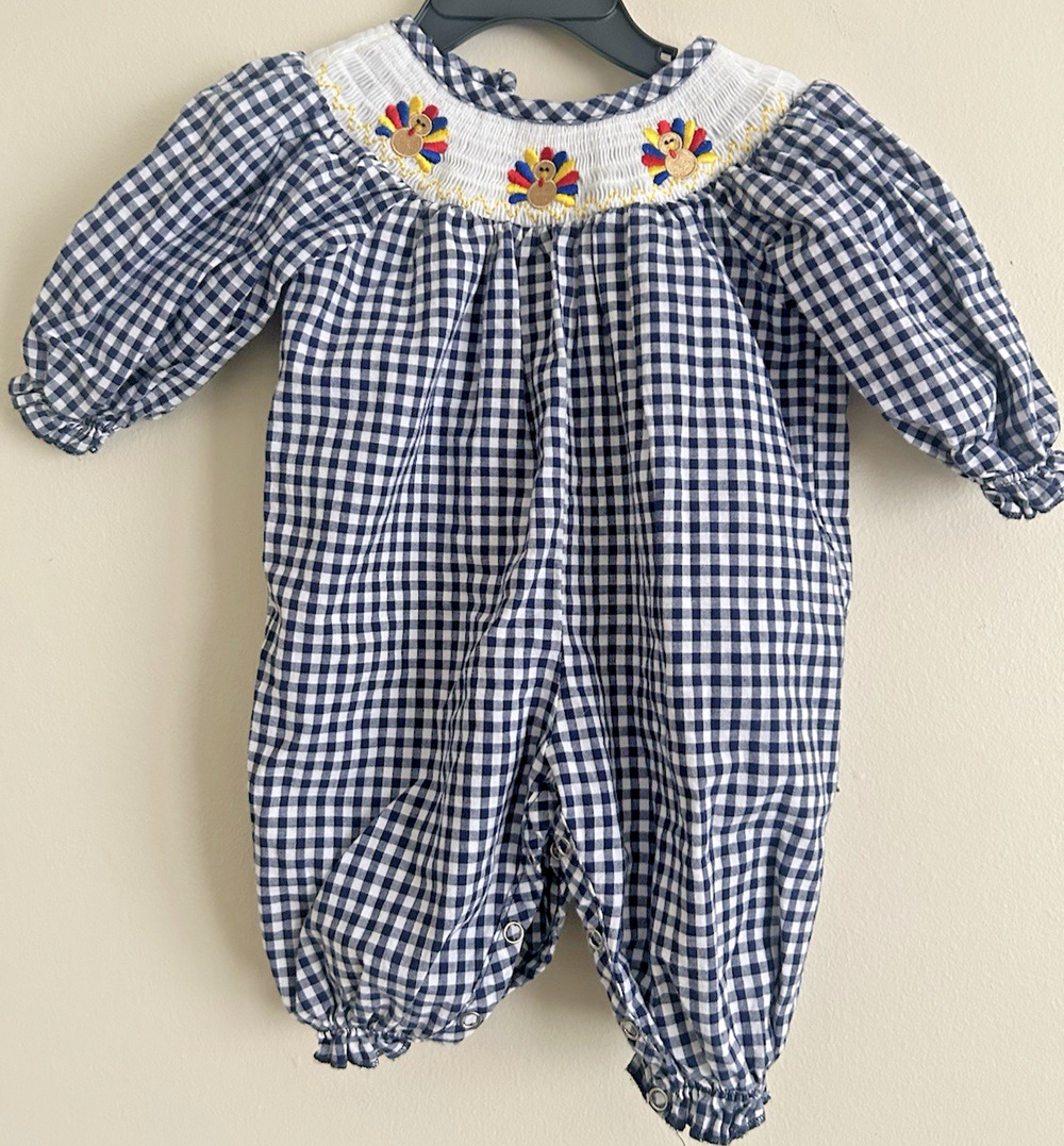 Marie Nicole Baby Girls 3-6 M Smocked Romper 1 pc Turkey Thanksgiving Gingham